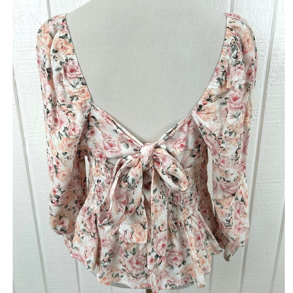 Mi Ami Francesca's Floral Peplum Blouse L Puff Sleeve Tie Back Cottagecore - Picture 6 of 8